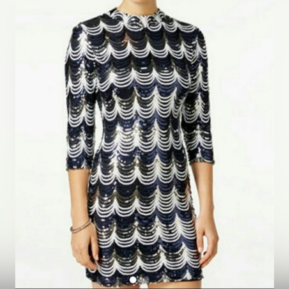 Crystal Doll Navy/Silver Scalloped Sequin OpenBack Bodycon Dress, Small/Medium - Picture 1 of 8